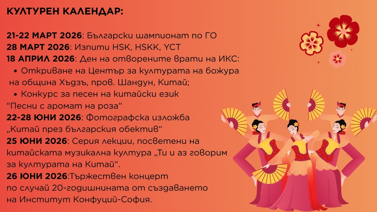 KULTUREN KALENDAR 21 22 MART 2026 Blgarski sampionat po GO 28 MART 2026 Izpiti HSK HSKK YCT 18 APRIL 2026 Den na otvorenite vrati na IKS Otkrivane na Centr za kulturata na bozura na obsina Hd